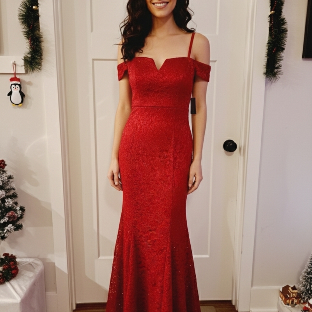 Morgan & Co. Red Lace Off-Shoulder Gown